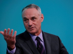 Rob Manfred, commissioner of Major League Baseball, takes part in the Yahoo Finance All Markets Summit in New York, U.S., February 8, 2017.