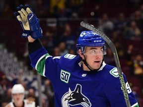 Micheal Ferland celebrates a pre-season goal on Sept. 26 at Rogers Arena.