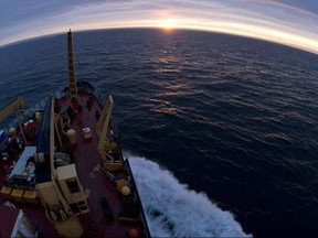 The midnight sun is seen as the Canadian Coast Guard icebreaker Louis St-Laurent crosses into the Arctic Circle early Wednesday, July 9, 2008.