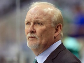 Lindy Ruff of the Dallas Stars looks on during pregame warm up before the Stars take on the St. Louis Blues at American Airlines Center on April 29, 2016 in Dallas.