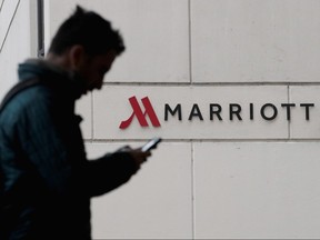 A sign marks the location of a Marriott hotel on November 30, 2018 in Chicago.