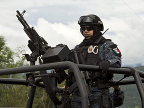Members of the Mexican Gendarmerie take part in the search on the outskirts of Cocula, Guerrero State, Mexico, on October 19, 2014.
