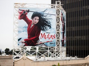 An outdoor ad for Disney's "Mulan" is seen on March 13, 2020 in Hollywood.