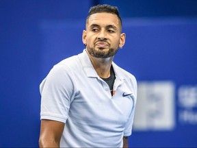 Nick Kyrgios reacts during his match against Andreas Seppi at the Zhuhai Championships tennis tournament September 25, 2019.
