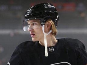 Oskar Lindblom of the Philadelphia Flyers looks on prior to the game against the Detroit Red Wings at the Wells Fargo Center on November 29, 2019 in Philadelphia.