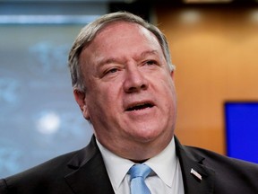 U.S. Secretary of State Mike Pompeo speaks during a joint briefing about an executive order from U.S. President Donald Trump on the International Criminal Court at the State Department in Washington, U.S., June 11, 2020.