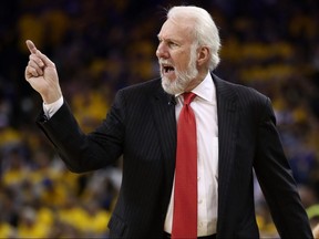 Gregg Popovich of the San Antonio Spurs looks on during Game Two of the Western Conference Finals against the Golden State Warriors at ORACLE Arena on May 16, 2017 in Oakland.