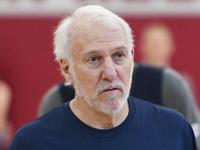 Head coach Gregg Popovich of the 2019 USA Men's National Team talks to players during a practice session at the 2019 USA Basketball Men's National Team World Cup minicamp at the Mendenhall Center at UNLV on Aug. 5, 2019 in Las Vegas.