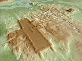 A three-dimensional image of the ancient Maya Aguada Fenix site in Mexico's Tabasco state based on lidar, an aerial remote-sensing method, is seen in this picture released on June 3, 2020.