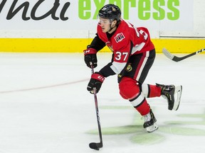 The Ottawa Senators' Josh Norris skates with the puck in his first NHL game against the Montreal Canadiens at the Canadian Tire Centre.