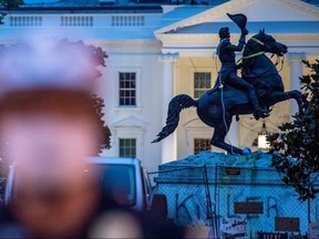 The equestrian statue of former President General Andrew Jackson has ropes and chains still hanging, after protesters tried to topple it, at Lafayette square, in Washington on June 22, 2020.