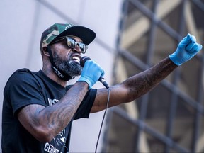 Former NBA player Stephen Jackson speaks during the Justice for George Floyd protest outside the Hennepin county Government Center in Minneapolis, June 11, 2020.