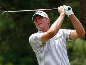 Steve Stricker watches his tee shot on the second hole during the final round of the Memorial Tournament at Muirfield Village Golf Club on June 4, 2017, in Dublin, Ohio.