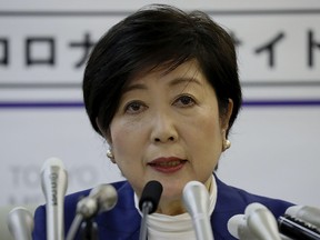 Tokyo governor Yuriko Koike speaks during a press conference after a meeting of the Headquarters for measures against for the COVID-19 Coronavirus Disease at the Tokyo Metropolitan Government office on March 30, 2020.