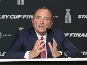 NHL commissioner Gary Bettman speaks with the media prior to the 2019 Stanley Cup finals in Boston on May 27, 2019.