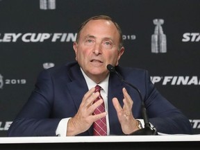 Commissioner Gary Bettman of the National Hockey League speaks with the media prior to Game One of the 2019 NHL Stanley Cup Final at TD Garden on May 27, 2019 in Boston, Massachusetts.