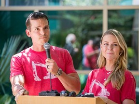 Granger Smith and Amber Smith visit Dell Children's Medical Center of Central Texas to present a donation in memory of their son, River Kelly Smith on June 25, 2019 in Austin, Texas.