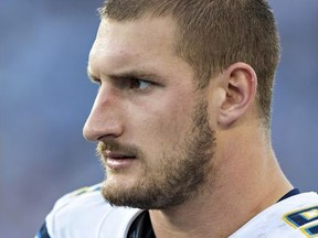 Joey Bosa of the Los Angeles Chargers on the sidelines during a game against the Tennessee Titans at Nissan Stadium on October 20, 2019 in Nashville, Tennessee.