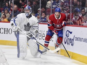 Goaltender Jack Campbell of the Toronto Maple Leafs and Jonathan Drouin #92 of the Montreal Canadiens skate against each other during the second period at the Bell Centre on February 8, 2020 in Montreal, Canada.