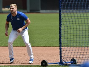 Hunter Dozier of the Kansas City Royals takes a lead off of second during base running drills during the first day of MLB Summer Camp workouts at Kauffman Stadium on July 03, 2020 in Kansas City, Missouri.