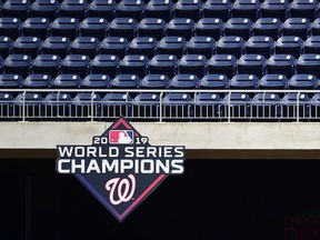 A general view of empty seats with the 2019 Washington Natinoals World Series Champions logo during the Washington Nationals Summer Workouts at Nationals Park on July 03, 2020 in Washington, DC.