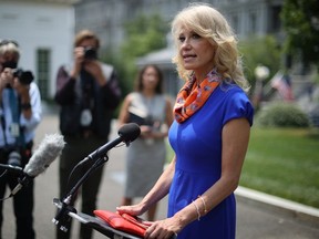 Kellyanne Conway, counselor to President Donald Trump, talks to reporters following an interview with FOX outside the White House West Wing July 07, 2020 in Washington, DC.