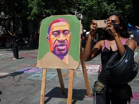 An image of George Floyd is pictured in "City Hall Autonomous Zone" in support of "Black Lives Matter" in the Manhattan Borough of New York City, New York, U.S., July 15, 2020.