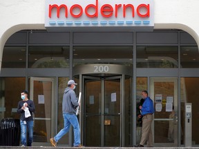 A sign marks the headquarters of Moderna Therapeutics, which is developing a vaccine against the coronavirus disease (COVID-19), in Cambridge, Massachusetts, May 18, 2020.