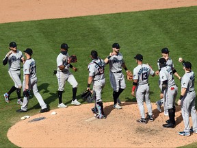 The Miami Marlins celebrate following their victory over the Philadelphia Phillies at Citizens Bank Park in Philadelphia, Pa, July 26, 2020.