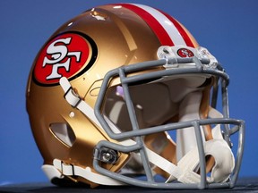A 49ers helmet is displayed prior to a press conference with NFL Commissioner Roger Goodell for Super Bowl LIV at the Hilton Miami Downtown, in Miami,  Jan. 29, 2020.