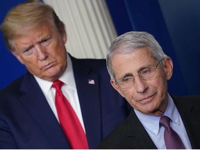 In this file photo Director of the National Institute of Allergy and Infectious Diseases Anthony Fauci, flanked by US President Donald Trump, speaks during the daily briefing on the novel coronavirus, which causes COVID-19, in the Brady Briefing Room of the White House on April 22, 2020, in Washington, DC.