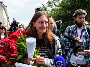 Russian journalist Svetlana Prokopyeva who was charged with publicly justifying terrorism leaves after a court hearing in Pskov on July 6, 2020.