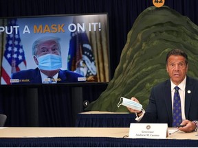New York Governor  Andrew Cuomo speaks at a news conference on July 6 ,2020 in New York City where he announced that President Donald Trump is enabling the coronavirus pandemic by not wearing a mask and downplaying the problem.