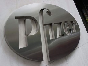 In this file photo the Pfizer company logo is seen in front of Pfizers headquarters April 27, 2016 in New York.