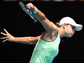 Ashleigh Barty plays a backhand during her match against Elena Rybakina at the 2020 Australian Open on January 24, 2020 in Melbourne.