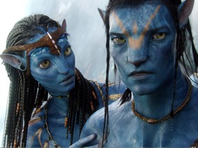 In this film publicity image released by 20th Century Fox, the character Neytiri, played by Zoe Saldana, left, and the character Jake, played by Sam Worthington are shown in a scene from, "Avatar."
