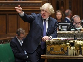 Britain's Prime Minister Boris Johnson speaks during question period at the House of Commons in London July 1, 2020.