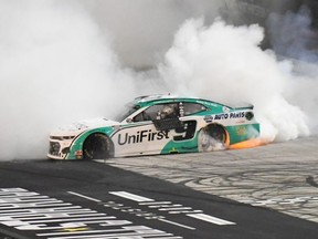Monster Energy NASCAR Cup Series driver Chase Elliott (9) does a burnout after winning the All-Star Race at Bristol Motor Speedway.
