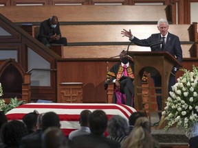 Former U.S. President Bill Clinton speaks during the funeral service of the late Rep. John Lewis (D-GA) at Ebenezer Baptist Church on July 30, 2020 in Atlanta.