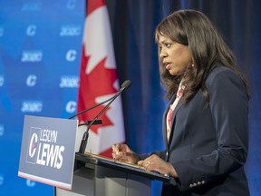 Conservative Party of Canada leadership candidate Leslyn Lewis makes her opening statement at the start of the French leadership debate in Toronto on Wednesday, June 17, 2020.