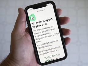 A Canadian smartphone app meant to warn users if they've been in close contact with someone who tests positive for COVID-19 is seen Friday, July 31, 2020 in Montreal.