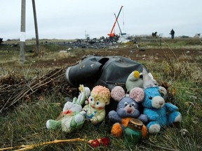 Soft toys are seen near the crash site of the Malaysia Airlines flight MH17 near the settlement of Grabovo in the Donetsk region November 16, 2014.