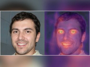 A combination photograph showing an image purporting to be of British student and freelance writer Oliver Taylor, left, and a heat map of the same photograph produced by Tel Aviv-based deepfake detection company Cyabra is seen in this undated handout photo obtained by Reuters. The heat map, which was produced using one of Cyabra's algorithms, highlights areas of suspected computer manipulation. The digital inconsistencies were one of several indicators used by experts to determine that Taylor was an online mirage.
