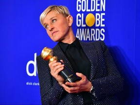 Ellen DeGeneres poses in the press room with the Carol Burnett award during the 77th annual Golden Globe Awards on January 5, 2020 in Beverly Hills.