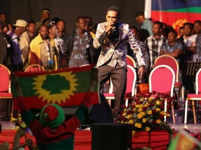 Ethiopian Oromo musician and song writer, Haacaaluu Hundeessaa, performs at Millennium Hall in Addis Ababa, Ethiopia, July 15, 2018.