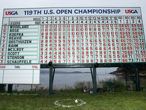 The final leaderboard during the final round of the 2019 U.S. Open at Pebble Beach Golf Links on June 16, 2019 in Pebble Beach, Calif.