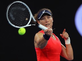 Samantha Stosur of Australia plays a forehand during her Women's Singles first round match against Catherine McNally of the United States of America on day one of the 2020 Australian Open at Melbourne Park on Jan. 20, 2020 in Melbourne, Australia.