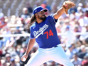 Kenley Jansen of the Los Angeles Dodgers delivers a pitch during the first inning of a spring training game against the Los Angeles Angels at Camelback Ranch on Feb. 26, 2020 in Glendale, Arizona.