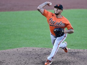 Hector Velazquez of the Baltimore Orioles pitches during an intrasquad game at Oriole Park at Camden Yards on July 9, 2020 in Baltimore, Maryland.