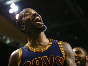 JR Smith of the Cleveland Cavaliers reacts in the first half against the Boston Celtics during Game Two of the 2017 NBA Eastern Conference Finals at TD Garden on May 19, 2017 in Boston, Massachusetts.